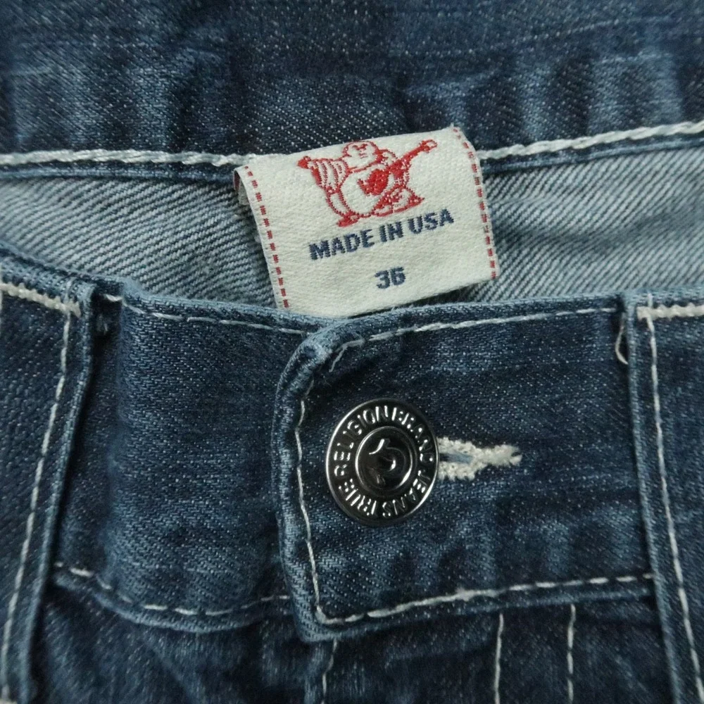 True Religion Jeans Mens 36x28‎ Blue Bootcut Raw Hem 5 Pocket Flaps